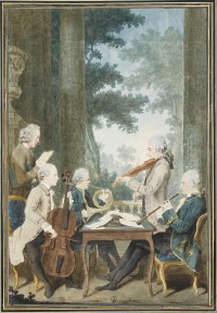 La musique du prince de Conti jouant un quatuor
Mine de plomb, sanguine, aquarelle et gouache ; H. 34,6 cm ; L. 23,3 cm