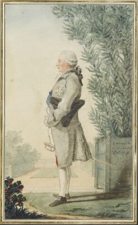 Louis-Joseph de Bourbon, prince de Condé (Paris, 1736-Paris, 1818)
Mine de plomb, sanguine, aquarelle, gouache ; H. 29 cm ; L. 17,3 cm