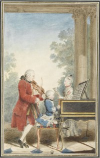 Wolfgang-Amadeus Mozart (Salzbourg, 1756-Vienne, 1791) enfant jouant avec son père Léopold Mozart (Augsbourg, 1719-Salzbourg, 1787) et sa sœur Maria Anna (dite Nannerl) (Salzbourg, 1751-1829)
Mine de plomb, sanguine, aquarelle et gouache ; H. 32,8 cm ; L. 20,3 cm
