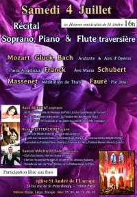 Affiche concert Rany Boechat (soprano), Renata Bittencourt (piano), Samuel Machado (flûte traversière)