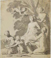 Gerrit Van Honthorst (1592-1656), Diane et ses nymphes,
Pierre noire, plume et encre brune, lavis gris, rehauts de craie blanche sur papier gris-brun,
Acquis en 2014 avec le soutien du Fonds du Patrimoine