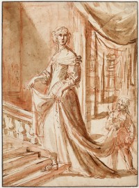 Elisabetta Sirani (1638 – 1666),
Autoportrait avec un page,
Plume et encre brune, lavis brun sur tracé à la sanguine Acquis en 2015