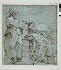 Giulio Benso (1592-1668), Le Christ rendant la vue à un aveugle,
Plume, encre brune et rehauts de blanc sur papier vert Acquis en 2013