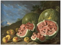 Luis Egidio Melendez, Nature morte avec pastèques et pommes dans un paysage, Museo Nacional del Prado.