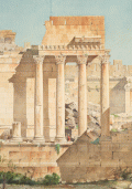 Joseph-Louis-Achille Joyau (1831 – 1873),Temple d’Héliopolis, état actuel, façade latérale sud,détail,Graphite, plume, encre noire et aquarelle sur papier entoilé, 0,8 x 3,2 m