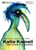 Affiche de l'exposition "Katia Kameli, hier revient et je l’entends"; Le Cantique des oiseaux, 2022
Dessin préparatoire du héron, aquarelle
sur papier contrecollées sur carton,
cadres en grès 
