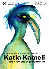 Exposition "Katia Kameli, hier revient et je l’entends"; Page de couverture : Le Cantique des oiseaux, 2022 Dessin préparatoire du héron, aquarelle sur papier contrecollées sur carton, cadres en grès 	