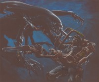 James Cameron, Ripley vs. Alien Queen fight, 1984, 50,80 x 60,96 cm Prismacolor et peinture blanche sur papier noir, Avatar Alliance Foundation