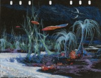 James Cameron, Ruisseau de la bioluminescence, milieu des années 1970, 21,59 x 27,94 cm, Pastel à l'huile sur papier noir, Avatar Alliance Foundation