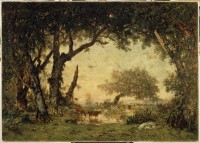 Théodore Rousseau, Sortie de forêt à Fontainebleau, soleil couchant, vers 1850, huile sur toile, 142×198 cm. Musée du Louvre, Paris, France.
