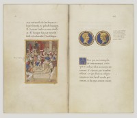 François Demoulins de Rochefort (né vers1470-1480 et mort en 1526),
Commentaires de la guerre gallique (t. 2), Val de Loire, 1519,
Enluminé par Godefroy le Batave et Jean Clouet,
Parchemin, reliure de maroquin brun à décor doré (Paris, Étienne Roffet, vers 1535 -1540) 