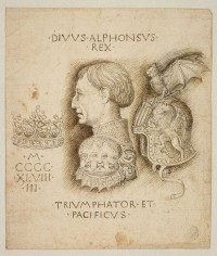 Pisanello (vers 1395 – vers 1455)
Alphonse V d’Aragon en armure, vu en buste, de profil vers la gauche, entre une couronne royale et un casque aux armes d’Aragon
Naples, 1448
