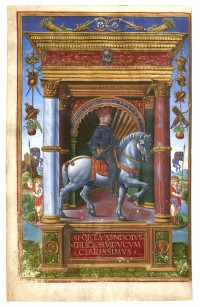 Enlumineur lombard (Maître B. F.),
Portrait équestre du condottiere Muzio Attendolo Sforza, dans Vita di Muzio Attendolo Sforza (Vie de Muzio Attendolo Sforza),
Antonio Minuti, Milan,1491
