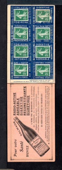 Eau minérale Boussang,
carnet privé avec porte-timbres,
typographie, 1907-1910.