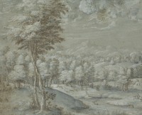 Gherardo Cibo (Rome ou Gênes 1512 – 1600 Rocca Contrada), Paysage avec une chasse au cerf
Plume et encre brune, lavis bleu et brun, rehauts de gouache blanche, sur papier bleu. – 198 × 244 mm
