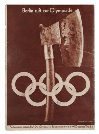 Berlin ruft zur Olympiade (Berlin invite aux Jeux olympiques), John Heartfield.
Photomontage publié dans l’hebdomadaire Arbeiter Illustrierte Zeitung (A.I.Z.), n° 26, 24 juin 1936.
