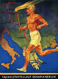 Carte postale représentant le parcours de la flamme olympique aux Jeux Olympiques de Berlin en 1936. 

