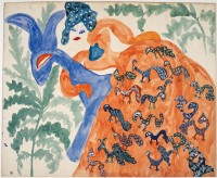Baya,
Femme en robe orange et cheval bleu,
vers 1947
Gouache, crayon graphite et encre sur papier marouflé sur carton
74,7 x 91,6 cm