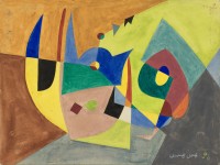 Jamil Hamoudi,
Composition abstraite sur le nom “Dorival”,
1951
Gouache sur papier
24 x 32 cm