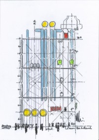 Le centre Georges Pompidou vu de l'arrière, expositon Renzo Piano Paris, dessin Renzo Piano 